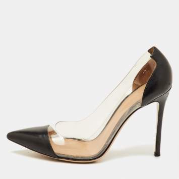 Pre Owned Gianvito Rossi Plexi Size 39.5 Black/Transparent Leather and PVC Pointed Toe Pumps