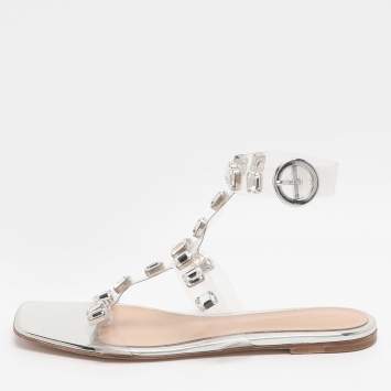 Pre Owned Gianvito Rossi Size 39 Transparent PVC Crystal Embellished Ankle Strap Flats