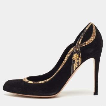 Pre Owned Gianvito Rossi Size 39 Black Suede and Snakeskin Pumps