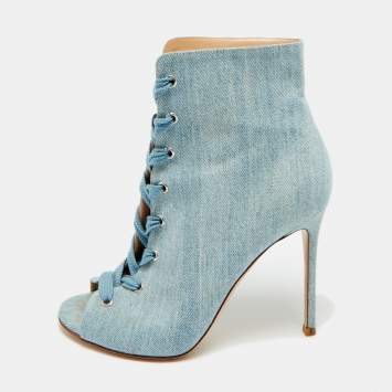 مملوكة مسبقًا Gianvito Rossi Size 39 Blue Denim Lace Up Open Toe Ankle Length Boots