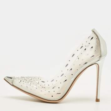 Pre Owned Gianvito Rossi Halley Size 38 Transparent/Silver Patent Leather and PVC Crystal Embellished Pumps