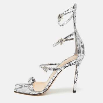 Pre Owned Gianvito Rossi Ribbon Uptown Size 38 Silver/Black Snakeskin Embossed Leather Ankle Strap Sandals