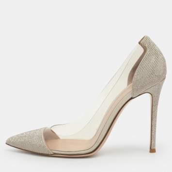 Pre Owned Gianvito Rossi Plexi Embellished Size 40 Grey/Silver Suede and PVC Pumps