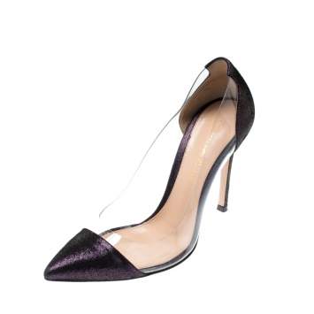 Pre Owned Gianvito Rossi Metallic Black/Purple Suede And PVC Plexi Pointed Toe Pumps Size 35.5