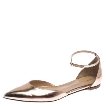 Pre Owned Gianvito Rossi Rose Gold Metallic Patent Leather D'Orsay Ankle Strap Flats Size 39