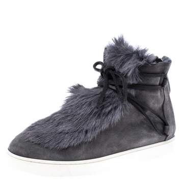 Pre Owned Gianvito Rossi Grey Suede And Fur Inuit Ankle Boots Size 38.5