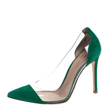 Pre Owned Gianvito Rossi Green Suede and PVC Plexi Pointed Toe Pumps Size 38.5