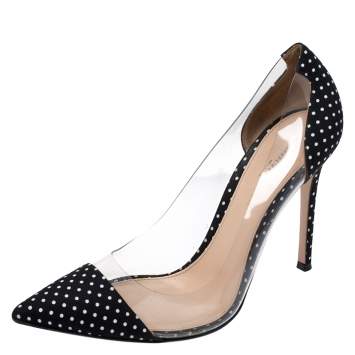 Pre Owned Gianvito Rossi Black Polka Dot Satin And PVC Plexi Pointed Toe Pumps Size 38.5