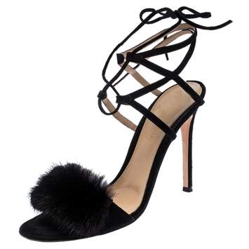 Pre Owned Gianvito Rossi Black Suede And Mink Trim Zelda Ankle Wrap Sandals Size 38