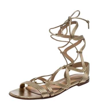 Pre Owned Gianvito Rossi Metallic Gold Leather Gladiator Ankle Length Flat Sandals Size 35.5