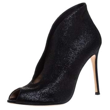 Pre Owned Gianvito Rossi Black Glitter Suede Vamp Peep Toe Booties Size 38