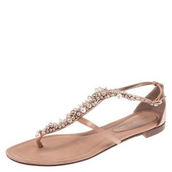 Pre Owned Gianvito Rossi Beige Satin Beaded Thong Ankle Strap Flats Size 38.5