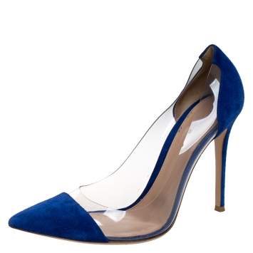 Pre Owned Gianvito Rossi Blue Suede And PVC Plexi Pointed Toe Pumps Size 41