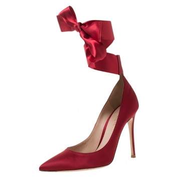 Pre Owned Gianvito Rossi Red Satin Gala Ankle Wrap Pumps Size 37