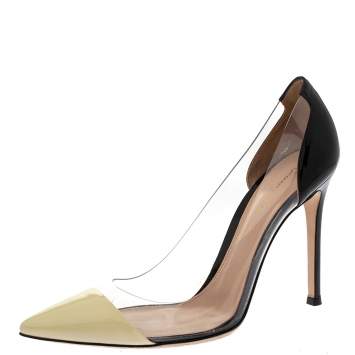 Pre Owned Gianvito Rossi Black/White Patent Leather and  PVC Plexi Pointed Toe Pump Size 38.5