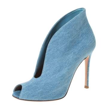 Pre Owned Gianvito Rossi Blue Denim V Neck Peep Toe Booties Size 36