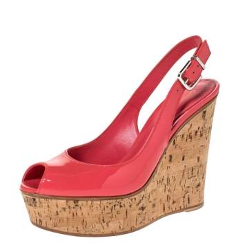 Pre Owned Gianvito Rossi Coral Pink Patent Leather Cork Wedge Peep Toe Platform Slingback Sandals Size 37