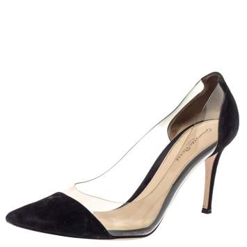 Pre Owned Gianvito Rossi Black Suede Leather And PVC Plexi Pointed Toe Pumps Size 39.5