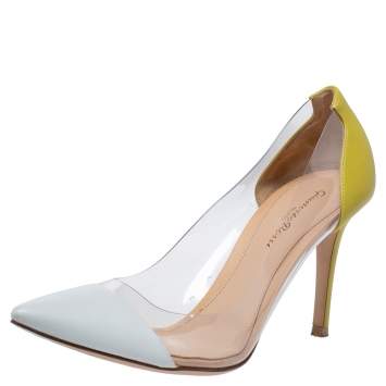 Pre Owned Gianvito Rossi White/Yellow Leather And PVC Plexi Pointed Toe Pumps Size 39
