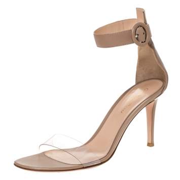 Pre Owned Gianvito Rossi Beige Leather And PVC Plexi Trasp Ankle Cuff Sandals Size 39