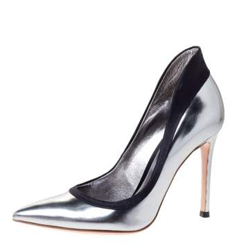 Pre Owned Gianvito Rossi Metallic/Black Leather and Satin Pointed Toe Pumps Size 35.5