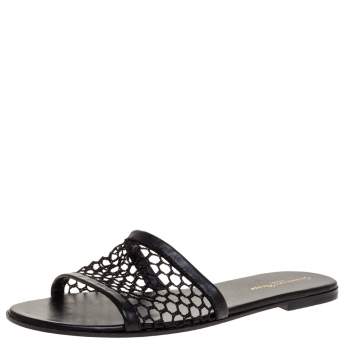 Pre Owned Gianvito Rossi Black Fish Net And Leather Trim Flat Sandals Size 38.5