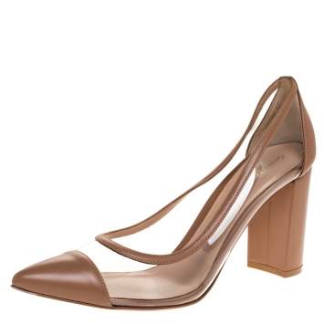 Pre Owned Gianvito Rossi Beige Leather And PVC Pointed Toe Block Heel Pump Size 40