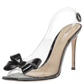 Pre Owned Gianvito Rossi Black/Transparent PVC Flexi Bow Slingback Peep Toe Pumps Size 38.5