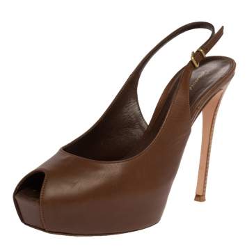 Pre Owned Gianvito Rossi Brown Leather Peep Toe Platform Pumps Size 39