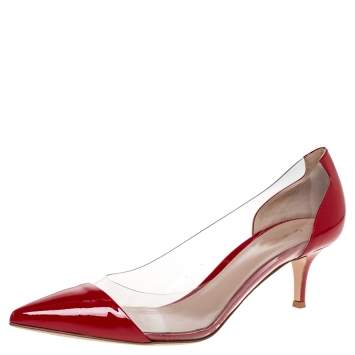 Pre Owned Gianvito Rossi Red Patent Leather and PVC Plexi Pointed Toe Pumps Size 40.5