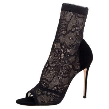 Pre Owned Gianvito Rossi Black Lace and Suede Sock Peep Toe Booties Size Size 39.5