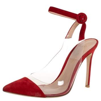 Pre Owned Gianvito Rossi Red Leather And Suede Anise Pointed Toe Ankle Strap Sandals Size 38
