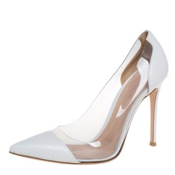 Pre Owned Gianvito Rossi White Leather and PVC Plexi Pointed Toe Pumps Size 39