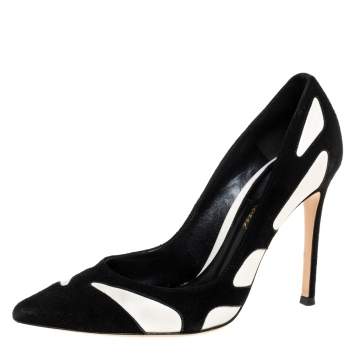 Pre Owned Gianvito Rossi Black/White Suede and Leather Cutout Pumps Size 36
