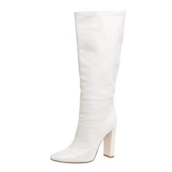 Pre Owned Gianvito Rossi White Leather Knee Block Heels Boots Size 37.5