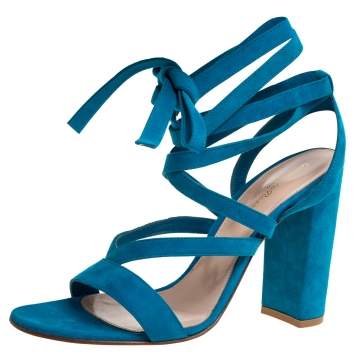 Pre Owned Gianvito Rossi Blue Suede Leather Ankle Wrap Sandals Size 41