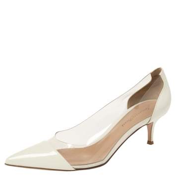 Pre Owned Gianvito Rossi White Patent Leather and PVC Kitten Heels Pumps Size 39.5