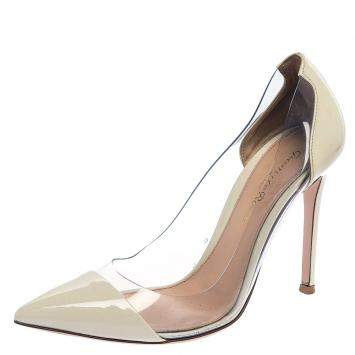 Pre Owned Gianvito Rossi Off-white Patent Leather And PVC Plexi Pointed Toe Pumps Size 36