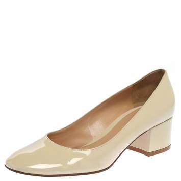 Pre Owned Gianvito Rossi Cream Patent Leather Round Toe Block Heel Pumps Size 37.5