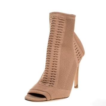 Pre Owned Gianvito Rossi Beige Stretch Knit Fabric Perforated Boots Size 37.5