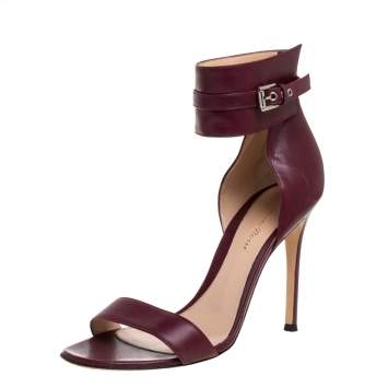 Pre Owned Gianvito Rossi Burgundy Leather Ankle Cuff Buckle Open Toe Sandals Size 38.5