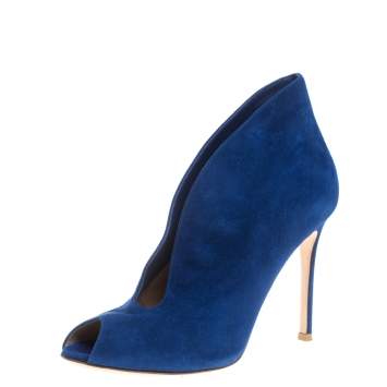 Pre Owned Gianvito Rossi Blue Suede Vamp Peep Toe Booties Size 36