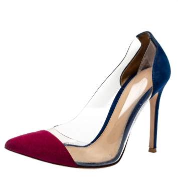 Pre Owned Gianvito Rossi Burgundy/Blue Suede and PVC Plexi Pumps Size 36