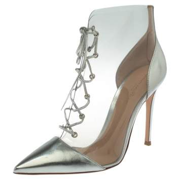 Pre Owned Gianvito Rossi Metallic Silver Leather and PVC Icon Ankle Boots Size 39.5