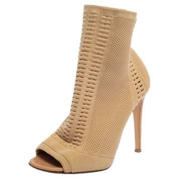 Pre Owned Gianvito Rossi Beige Knit Fabric Vires Peep Toe Ankle Boots Size 38.5