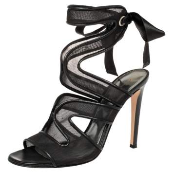 Pre Owned Gianvito Rossi Black Mesh And Leather Trim Ankle Wrap Sandals Size 38