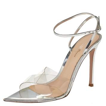 Pre Owned Giavanto Rossi Metallic Silver Leather And PVC Plexi Stark Sandals Size 39