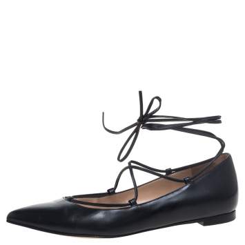 Pre Owned Gianvito Rossi Black Leather Femi Ankle Wrap Pointed Toe Flats Size 35