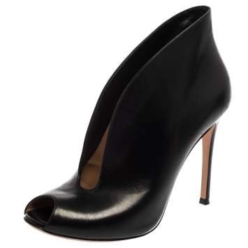 Pre Owned Gianvito Rossi Black Leather Vamp Peep Toe Booties Size 39.5