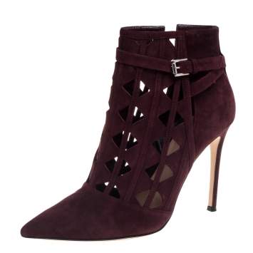 Pre Owned Gianvito Rossi Burgundy Suede Diamond Cut Out Ankle Boots Size 39.5